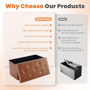 JOINSUN 30" Storage Ottoman – Foldable Faux Leather Stool with Storage, 660 lb Capacity, for Bedroom, Living Room, Entryway, Brown