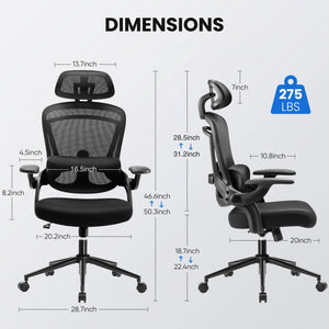 Ergonomic High Back Office Chair with Adjustable Lumbar Support, Headrest for Adults, Grey