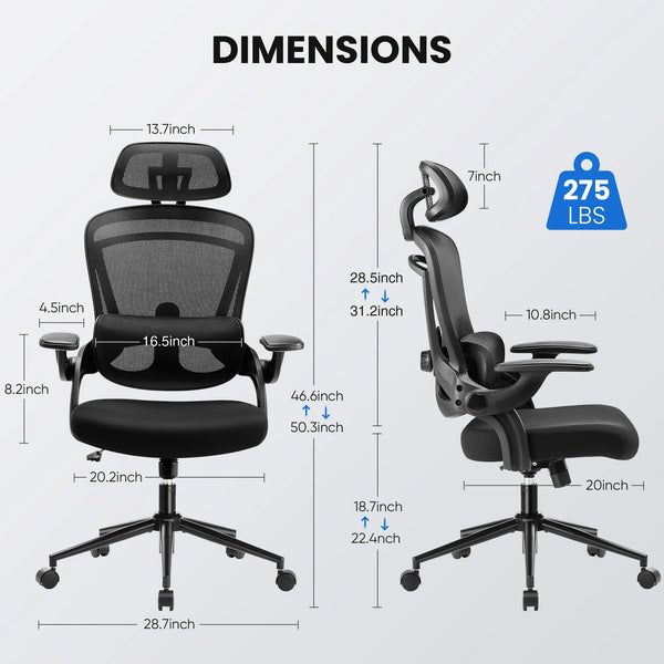 Ergonomic High Back Office Chair with Adjustable Lumbar Support, Headrest for Adults, Grey