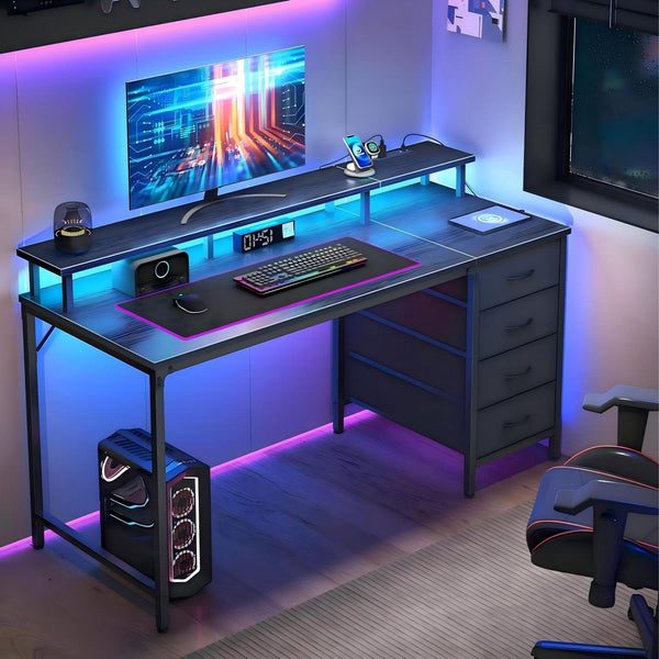 CONCETTA Computer Gaming Desk with 4 Drawers, Power Outlets and LED Lights for Home Small Spaces