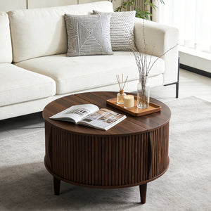 CONCETTA Round Flip-Top Coffee Table with Storage, Modern Farmhouse Style Center Table for Living Room, Natural Wood, Brown