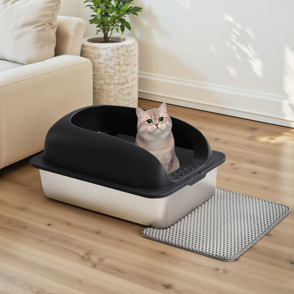 CONCETTA 24in Stainless Steel Cat Litter Box with Lid, Large Cat Litter Box for Cats, High Wall Sides, Anti-Urine Leakage, Easy Cleaning, Scoop and Mat Included