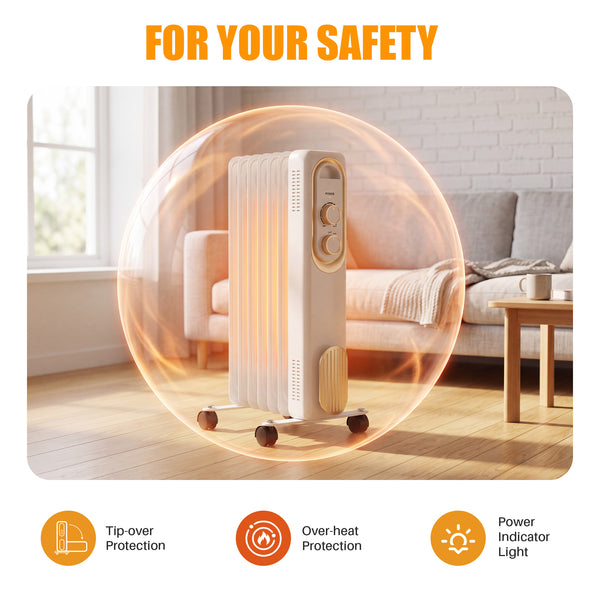 SHOUFTW 1500W Portable Oil Filled Radiator Heater with Electric Adjustable Thermostat. Automatic Power-off and Tip-Over Protection, Quiet Heating for Home