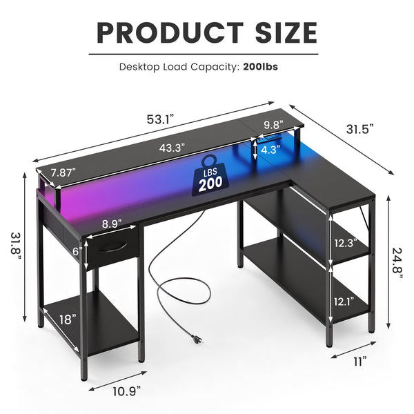 CONCETTA 53 inch L-Shaped Gaming Desk, Reversible Design with LED Lighting, Power Outlets and Double-Tier Storage, White for Home Office