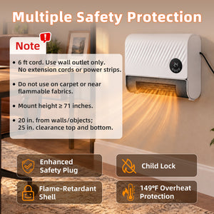 CONCETTA 1500W Wall-mount Electric Space Heater with 3 Mode 40-95°F Thermostat, 12H Timer, Child Lock, Low Noise for Bedrooms, Indoor