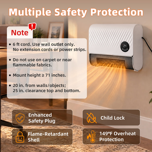 CONCETTA 1500W Wall-mount Electric Space Heater with 3 Mode 40-95°F Thermostat, 12H Timer, Child Lock, Low Noise for Bedrooms, Indoor