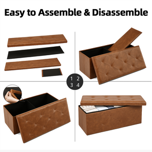 CONCETTA 43" Storage Ottoman Bench, Foldable Storage Chest, End of Bed Foot Stool with Padded Seat, Bedroom Bench, Support 660lbs, PVC Brown