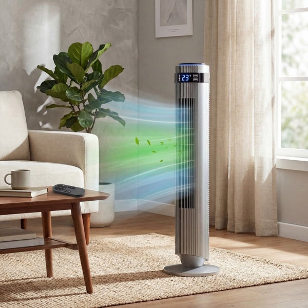 SHOUFTW Tower Fan Standing Bladeless, 23ft/s Velocity Quiet, 64° Oscillating with 5 Speeds, 4 Modes, 12H Timer for Indoor Bedroom