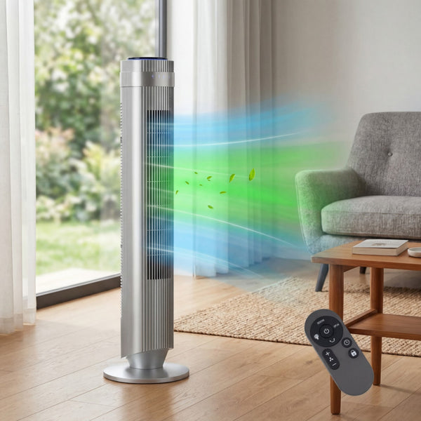 SHOUFTW Tower Fan Standing Bladeless, 23ft/s Velocity Quiet, 64° Oscillating with 5 Speeds, 4 Modes, 12H Timer for Indoor Bedroom