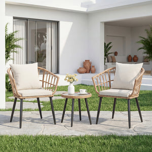 CONCETTA 3 Piece Outdoor Patio Furniture Set, Wicker Bistro Chairs with Glass Top Table for Apartment Balcony, Small Backyard, Porch and Deck