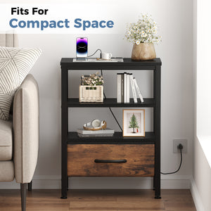 CONCETTA Small Night Stand with Charging Station, 1 Fabric Drawer, USB Ports and Outlets, Open Storage Shelf Bedside End Table for Bedroom, Black，Black Brown,Rustic Brown，White
