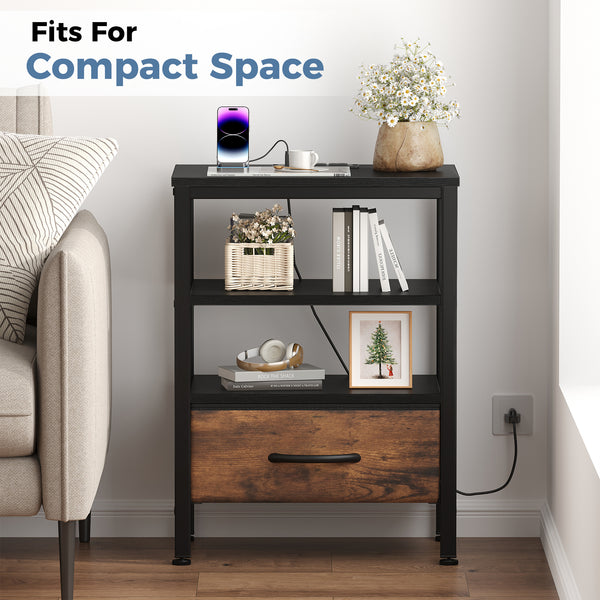 CONCETTA Small Night Stand with Charging Station, 1 Fabric Drawer, USB Ports and Outlets, Open Storage Shelf Bedside End Table for Bedroom, Black，Black Brown,Rustic Brown，White