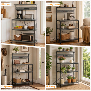 SHOUFTW Kitchen Storage Rack with Power Outlet, 4-Tier Backer's Rack for Microwave Stand & Coffee Bar Storage