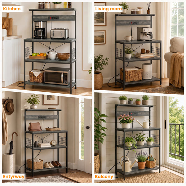 SHOUFTW Kitchen Storage Rack with Power Outlet, 4-Tier Backer's Rack for Microwave Stand & Coffee Bar Storage