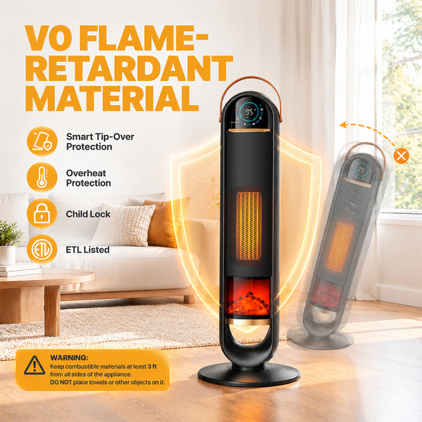 SHOUFTW 1500W Tower Space Heater for Indoor Use, Electric Heater with Static Simulated Flame, 45° Oscillation, Child Lock, Overheat & Tip-Over Safety