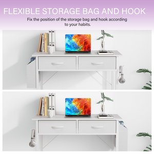 JOINSUN 32/48 Inch Small Desk with Fabric Drawers & Storage Bag Iron Hook, Computer Desk,White Vanity Desk with Storage for Bedroom