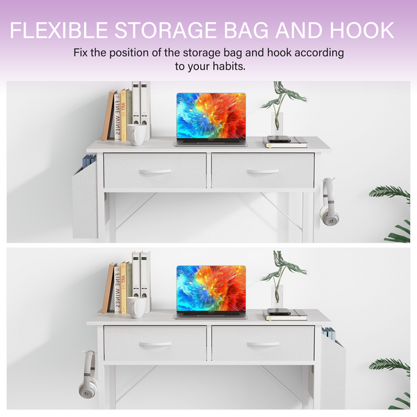 JOINSUN 32/48 Inch Small Desk with Fabric Drawers & Storage Bag Iron Hook, Computer Desk,White Vanity Desk with Storage for Bedroom