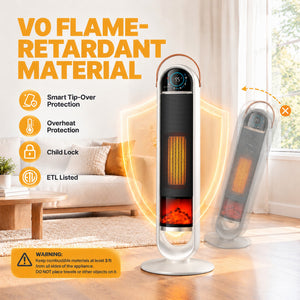 SHOUFTW 1500W Tower Space Heater for Indoor Use, Electric Heater with Static Simulated Flame, 45° Oscillation, Child Lock, Overheat & Tip-Over Safety