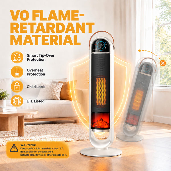 SHOUFTW 1500W Tower Space Heater for Indoor Use, Electric Heater with Static Simulated Flame, 45° Oscillation, Child Lock, Overheat & Tip-Over Safety