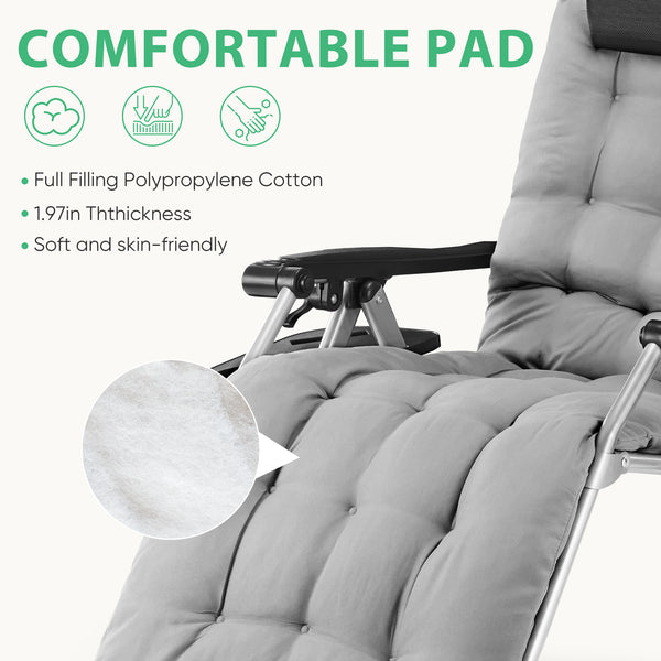 CONCETTA Padded Zero Gravity Chair, Lounge Chair with Removable Cushion and Trays,Folding deck chair patio chair, Lawn Lounger, Gray
