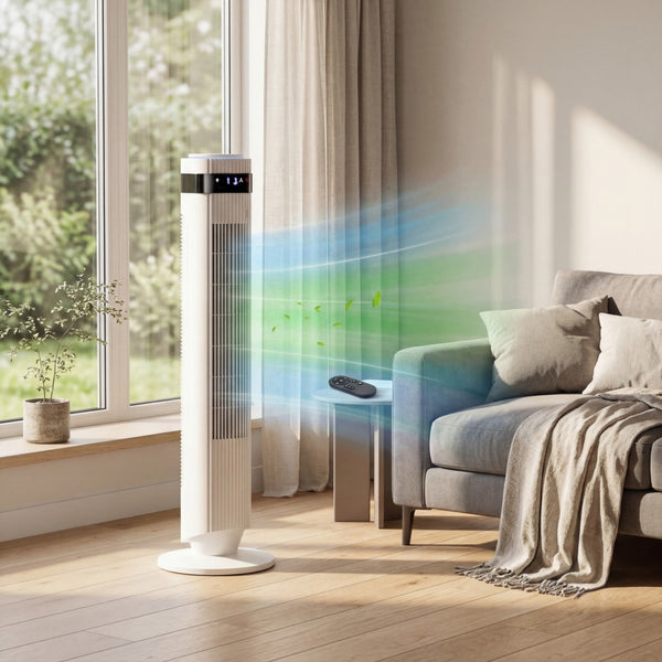 SHOUFTW Tower Fan Standing Bladeless, 23ft/s Velocity Quiet, 64° Oscillating with 5 Speeds, 4 Modes, 12H Timer for Indoor Bedroom