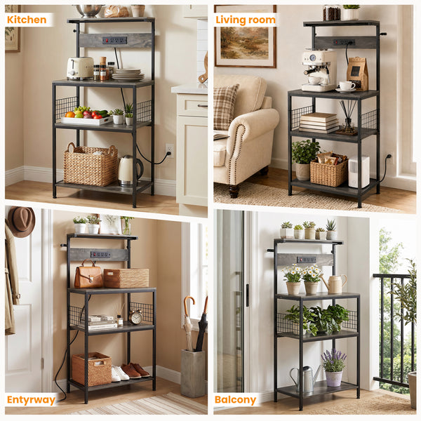 SHOUFTW Kitchen Storage Rack with Power Outlet, 4-Tier Backer's Rack for Microwave Stand & Coffee Bar Storage