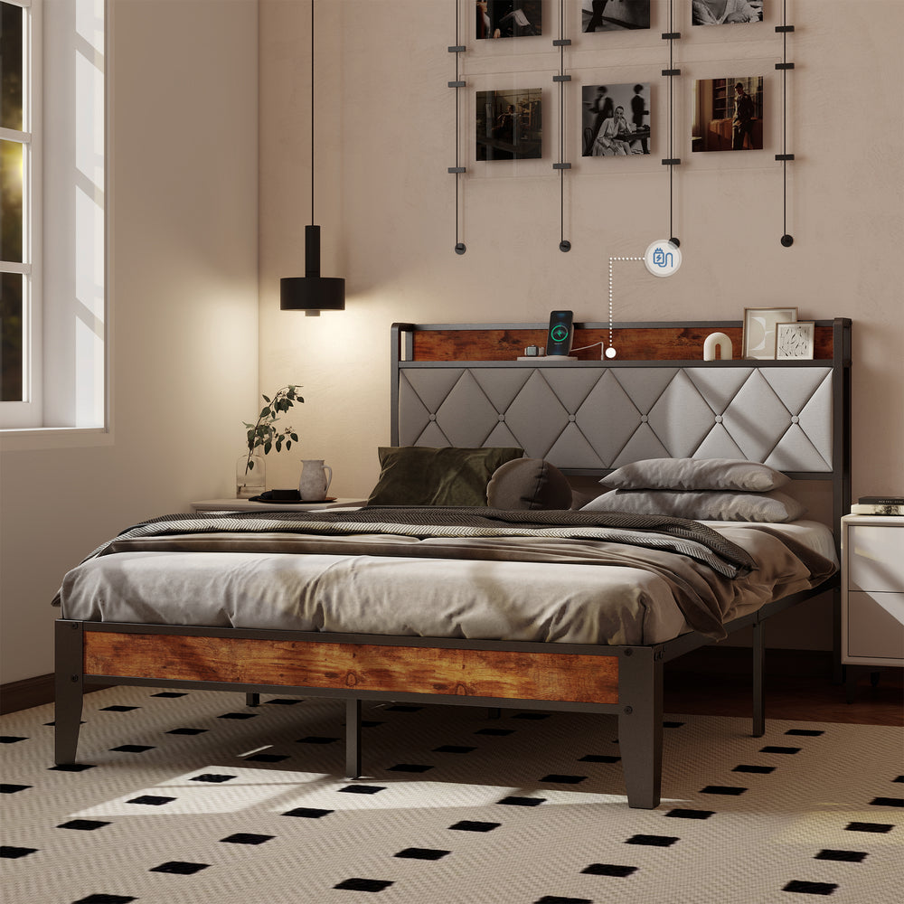 CONCETTA Twin Size Heavy Duty Metal Bed Frame, Storage Headboard with Charging Station, Noise Free, No Spring Box Required, 800lbs Capacity