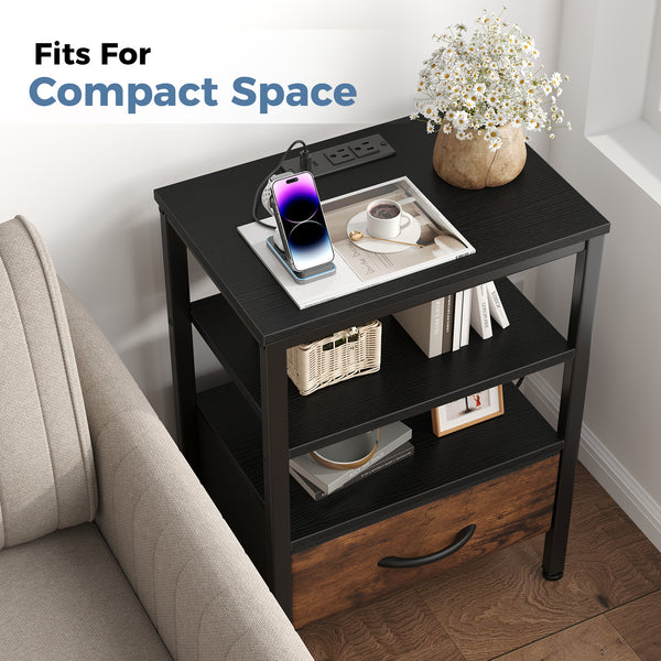 CONCETTA Small Night Stand with Charging Station, 1 Fabric Drawer, USB Ports and Outlets, Open Storage Shelf Bedside End Table for Bedroom, Black，Black Brown,Rustic Brown，White