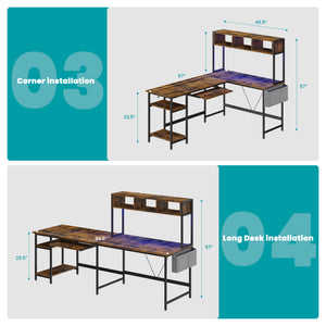 67" Reversible L-Shaped Desk with LED Lights, Power Outlets, Drawer, Keyboard Tray & Hutch