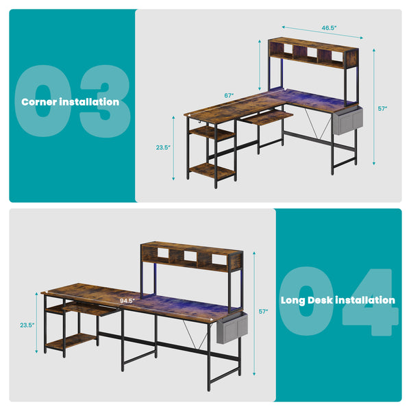 67" Reversible L-Shaped Desk with LED Lights, Power Outlets, Drawer, Keyboard Tray & Hutch