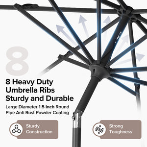SHOUFTW 10FT Outdoor Patio Umbrella with Solar LED Lights, Push-Button Tilt Market Umbrella, Weather-Resistant 8-Rib Sun Shade for Patio, Garden, Backyard, Deck or Poolside