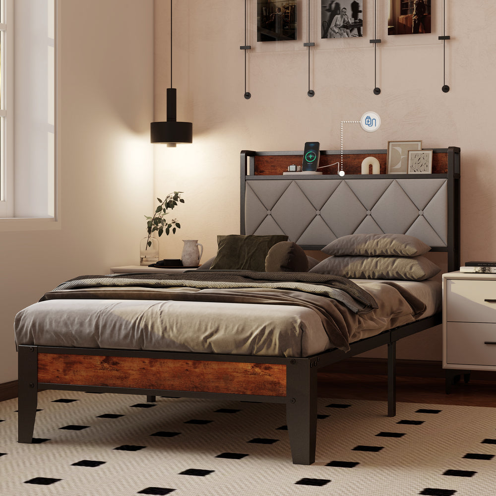 CONCETTA Twin Size Heavy Duty Metal Bed Frame, Storage Headboard with Charging Station, Noise Free, No Spring Box Required, 800lbs Capacity