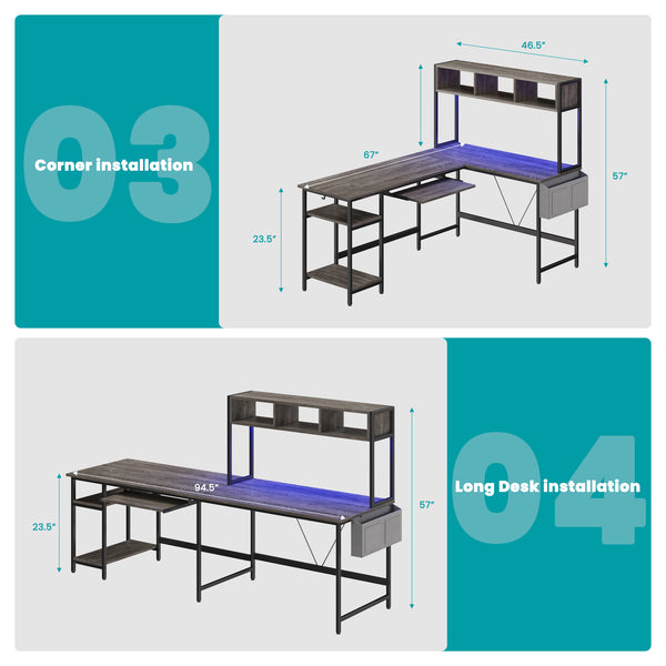 67" Reversible L-Shaped Desk with LED Lights, Power Outlets, Drawer, Keyboard Tray & Hutch