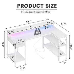 CONCETTA 47 inch L-Shaped Gaming Desk - Reversible with LED Lighting, Power Outlets & Double-Tier Storage, for Home Office