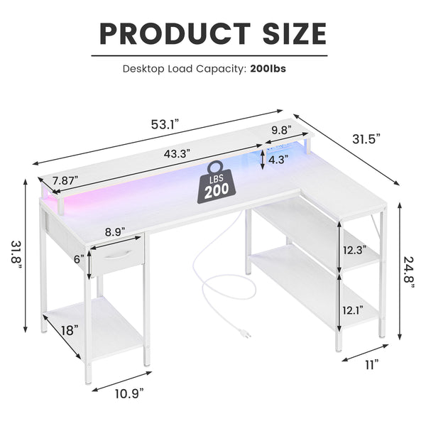 CONCETTA 47 inch L-Shaped Gaming Desk - Reversible with LED Lighting, Power Outlets & Double-Tier Storage, for Home Office
