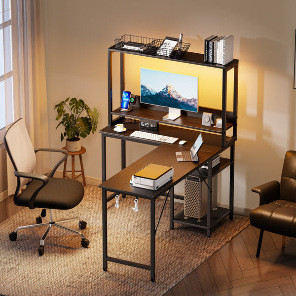 CONCETTA L Shaped Gaming Desk, Reversible Computer Desk with Power Outlets & LED Lignts, Gaming Table with Storage Shelves and Hooks for Bedroom Home Office