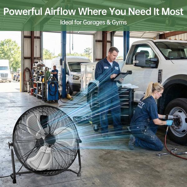 SHOUFTW High Velocity Industrial Floor Fan, 3-Speed Heavy Duty Metal Air Circulator with 120° Tilt Head, Black