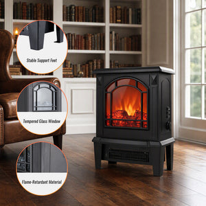SHOUFTW 18" Freestanding Electric Fireplace Stove, 1400W Space Heater with 3D Realistic Flame, Indoor Fireplace for Bedroom, Living Room, Office, Black