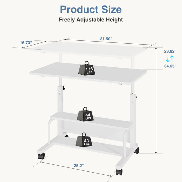 CONCETTA 31.5'' Adjustable Height Rolling Computer Desk with Storage Shelves, Portable Mobile Desk for Small Spaces Home Office