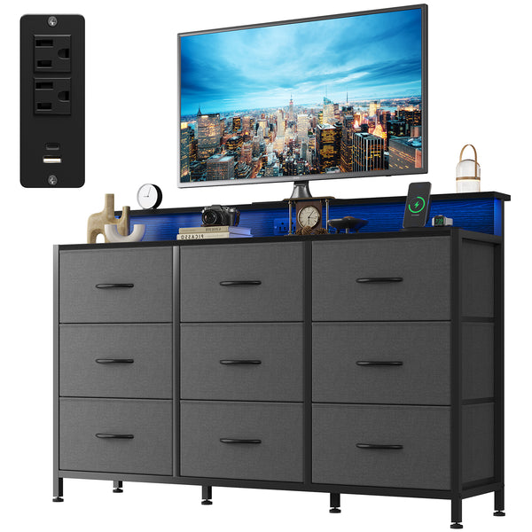 CONCETTA 47-inch TV Stand with RGB LED Lights & UL-Certified Charging Station for Families, 9 Fabric Drawers, Fits up to 55-inch TVs