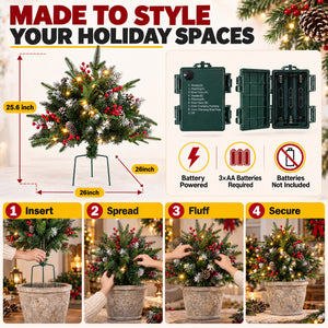 SHOUFTW Pre-Lit Frosted Artificial Christmas Urn Filler, Small Xmas Tree with 50 Warm Lights, Pine Cones & Red Berries for Indoor Outdoor Holiday Decor
