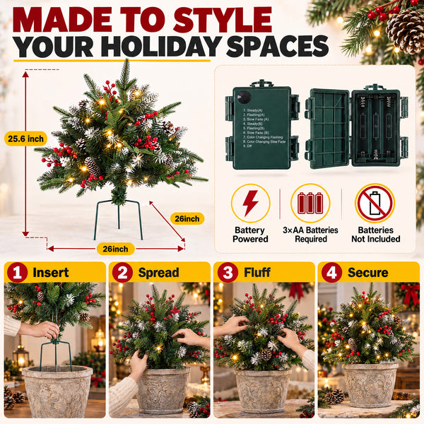 SHOUFTW Pre-Lit Frosted Artificial Christmas Urn Filler, Small Xmas Tree with 50 Warm Lights, Pine Cones & Red Berries for Indoor Outdoor Holiday Decor