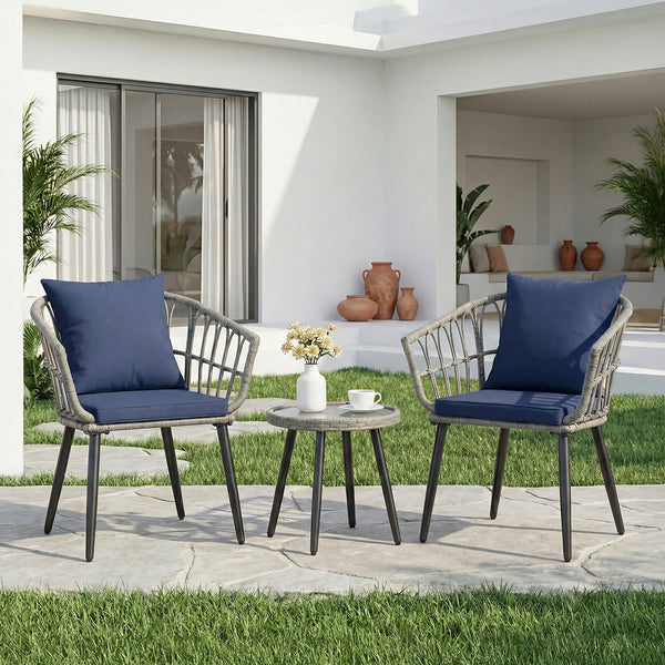 CONCETTA 3 Piece Outdoor Patio Furniture Set, Wicker Bistro Chairs with Glass Top Table for Apartment Balcony, Small Backyard, Porch and Deck