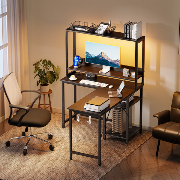 CONCETTA L Shaped Gaming Desk, Reversible Computer Desk with Power Outlets & LED Lignts, Gaming Table with Storage Shelves and Hooks for Bedroom Home Office