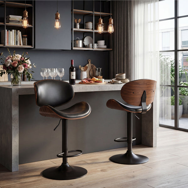 CONCETTA Rotatable Bar Stool Set (2-piece), Adjustable Height Bar Stool, Featuring PU Leather Seat, Ergonomic Backrest and Footrest, With Anti-slip Rubber Base Suitable for Bar