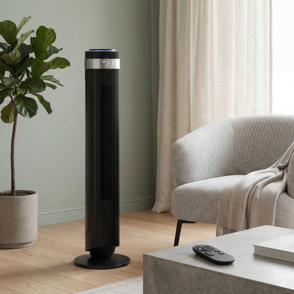 SHOUFTW Tower Fan Standing Bladeless, 23ft/s Velocity Quiet, 64° Oscillating with 5 Speeds, 4 Modes, 12H Timer for Indoor Bedroom