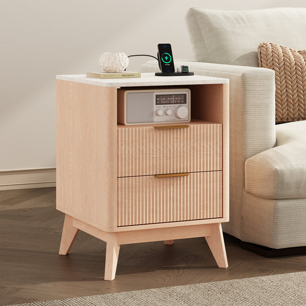 CONCETTA Fluted Nightstand with Charging Station, Faux Marble Top Bedside Table with 2 Drawers and Open Shelf for Bedroom, Living Room