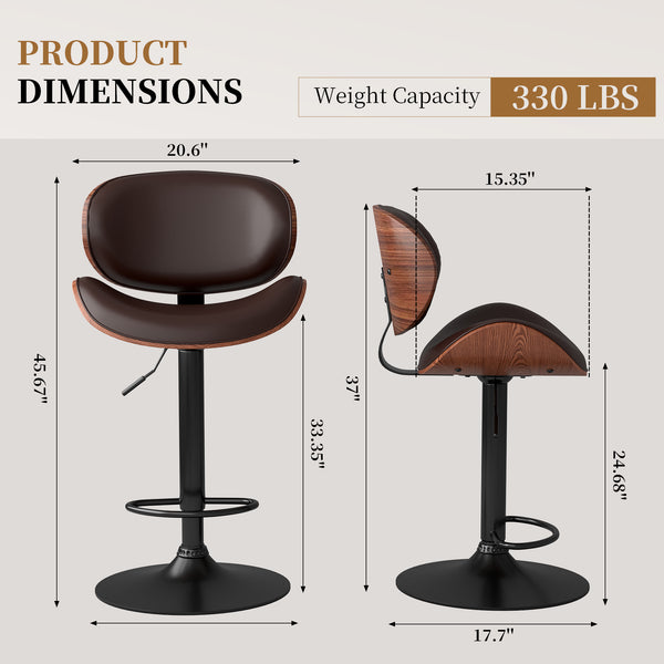 CONCETTA Rotatable Bar Stool Set (2-piece), Adjustable Height Bar Stool, Featuring PU Leather Seat, Ergonomic Backrest and Footrest, With Anti-slip Rubber Base Suitable for Bar