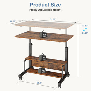 CONCETTA 31.5'' Adjustable Height Rolling Computer Desk with Storage Shelves, Portable Mobile Desk for Small Spaces Home Office