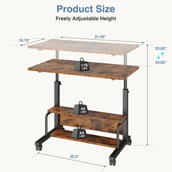 CONCETTA 31.5'' Adjustable Height Rolling Computer Desk with Storage Shelves, Portable Mobile Desk for Small Spaces Home Office